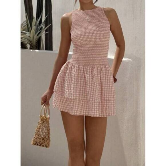 New Blue Plaid Sleeveless Bodycon Mini Dress, Sweet French Style For Vacat - Picture 4 of 7